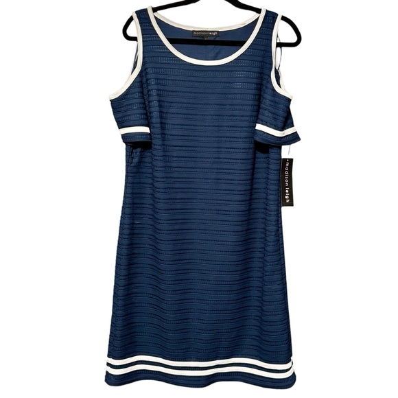 Madison Leigh Navy Textured Cold Shoulder Dress size large - Picture 2 of 10